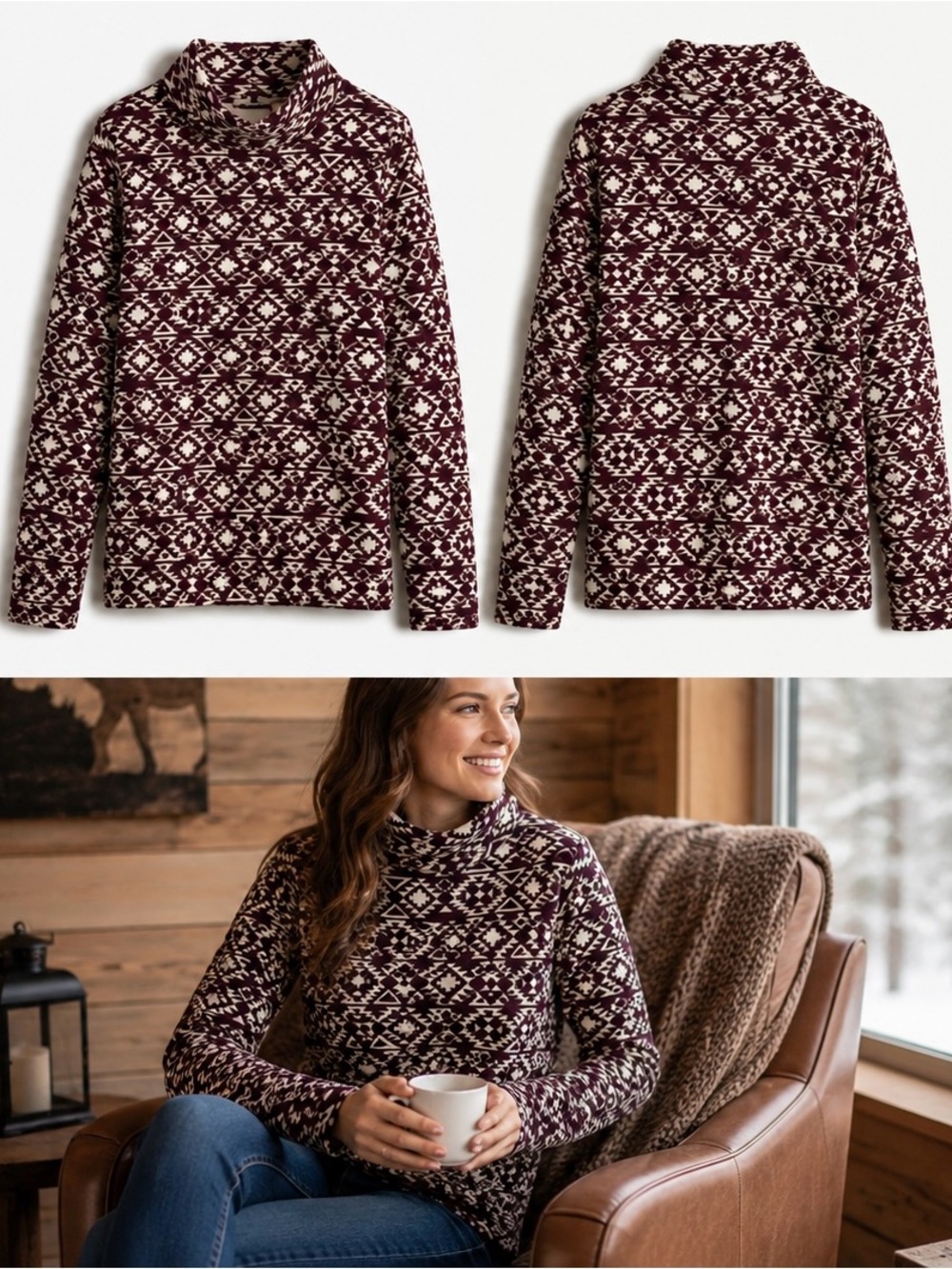 Duluth Trading Co CoolMax Fleece Pullover L Burgundy Southwestern Funnel Neck